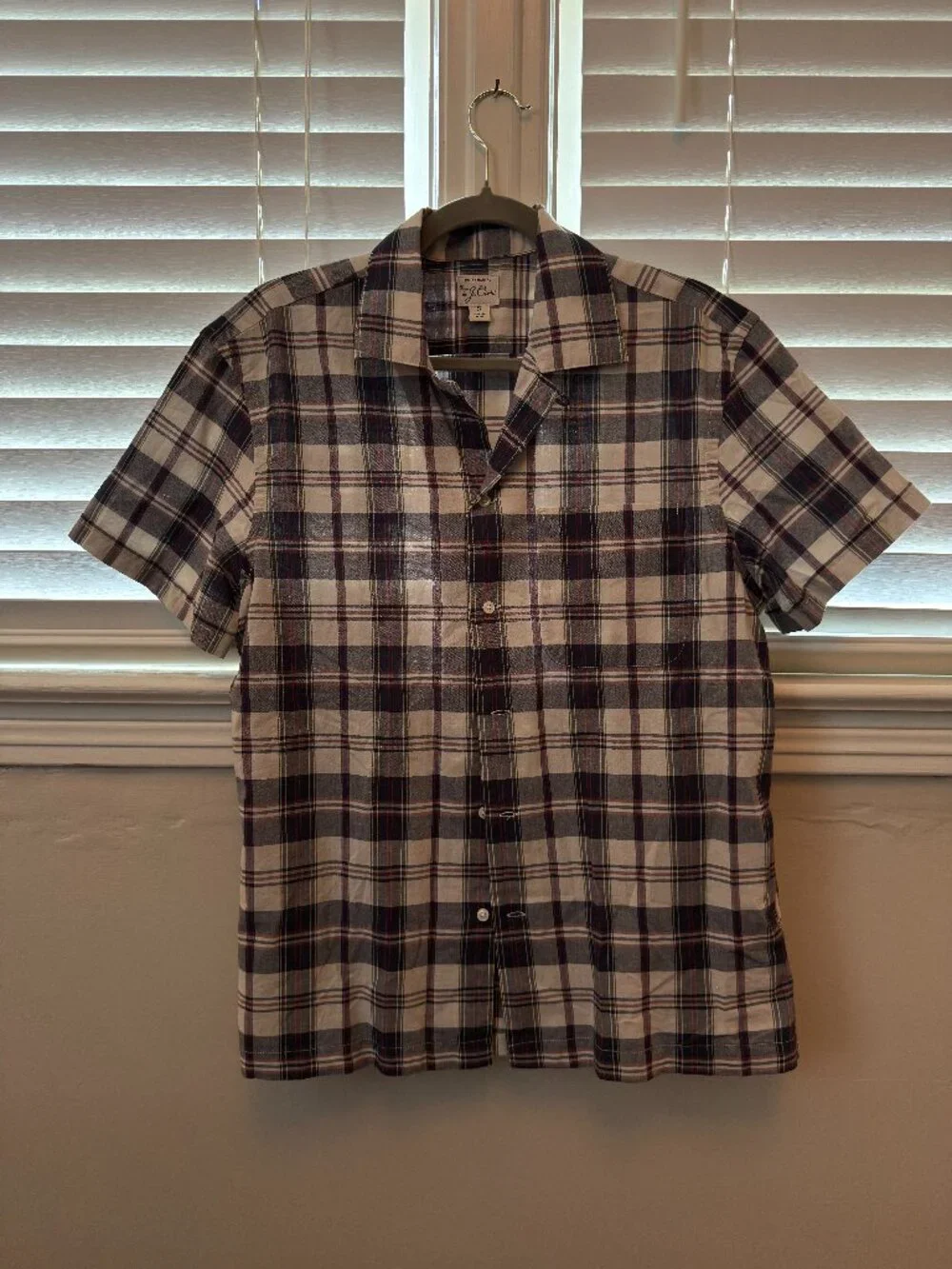 J Crew Men's Camp Collar Indian Madras Button-Up Short Sleeve Shirt Size SM